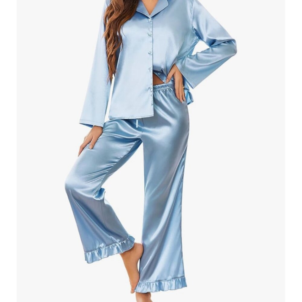 Light Blue Silky Satin Pajama Set | Size XL | Worn Once